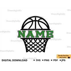 basketball svg diy basketball team, basketball & half hoop with net split name frame designs, sports clipart, cut file,