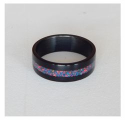 stylish black ring. carbon ring with synthetic opal. 10 1/2