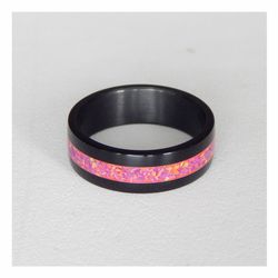 stylish black ring. carbon ring with synthetic opal. 8