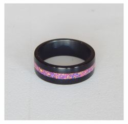 stylish black ring. carbon ring with synthetic opal. 7