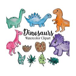 baby dinosaur watercolor clipart graphics, dino clip art, t rex, triceratops, brachiosaurus, nursery dinosaurs, water co