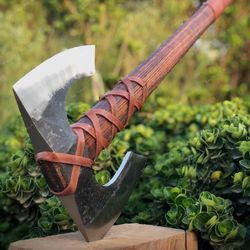 double head carbon steel hand forged viking labrys axe, with personalized engraved wooden box, gift for men, women, wedd