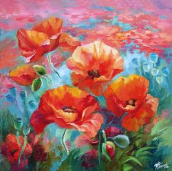 red flowers field oil painting fine art flower painting on canvas floral art flowers wall art original painting