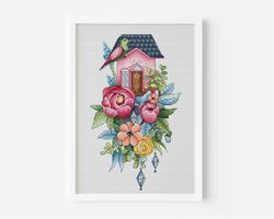 floral bird house cross stitch pattern pdf, whimsical house counted cross stitch, bird hand embroidery pattern peony