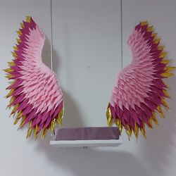 handmade swing, hanging swing, large angel wings, fuchsia and gold wings, winged swing,  party background nursery decor
