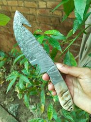 custom handmade damascus steel gut hook knife with sheep horn