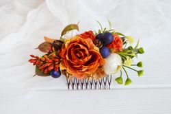 rust orange blue flower comb flower girl headpiece hair comb wedding hair accessories bride