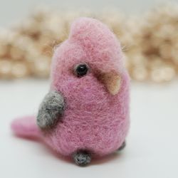 miniature needle felted galah, pink parrot, pink parakeet