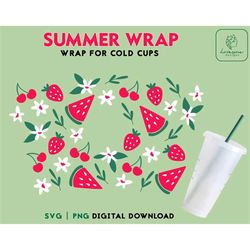 strawberry watermelon 24oz venti cold cup svg, daisy full wrap cold cup, cherry summer fruits wrap for 24oz venti cold c