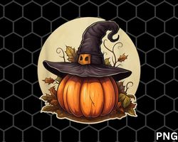 pumpkin wearing witch hat halloween png, halloween theme png, fall leaves png