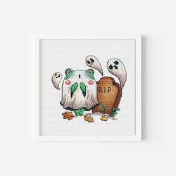 haunted frog ghost cross stitch pattern, tombstone diy halloween hand embroidery cemetery-themed design for halloween