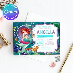 ariel mermaid invitation, mermaid invitation, mermaid birthday invitation, mermaid invites, ariel birthday invitation