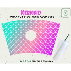 mermaid 24oz venti cold cup, mermaid tail pattern wrap svg, cold cup full wrap svg, cold cup svg, instant download