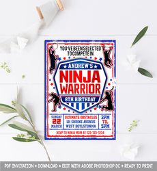 ninja warrior invitation, ninja warrior birthday invitation, ninja warrior birthday party invitation, ninja warrior card