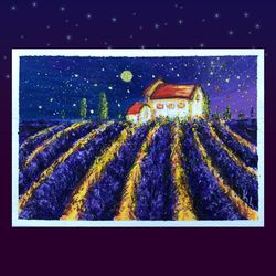lavender field, landscape france, provence, gouache painting, original painting, floral handmade art, flowers painting