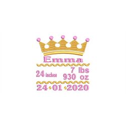 embroidery file baby birth crown 4x4, 5x7 and 6x10 frame machine embroidery birth announcement birth dates name