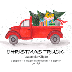 christmas truck clipart, watercolor red pickup truck png, pine tree, gifts, retro car, new year clip art, greeting card