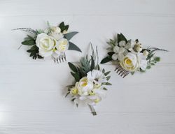 sage green white flower accessories for wedding mini flower comb for bride white boutonniere groom buttonhole flowers