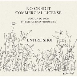 no credit commercial license - entire shop, for up to 1000 units, digital svg, png, eps, pdf, jpg clipart, procreate bru