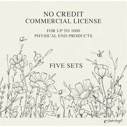 no credit commercial license for five sets, for up to 1000 units, digital svg, png, eps, pdf, jpg clipart, procreate bru