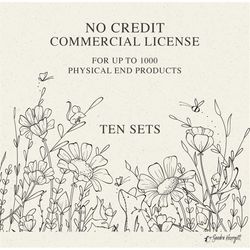 no credit commercial license for ten sets, for up to 1000 units, digital svg, png, eps, pdf, jpg clipart, procreate brus