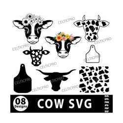 cow svg, cow head svg, cow print svg, bull head svg, longhorn svg, cow png, cow tag svg, floral animal svg, cut files fo