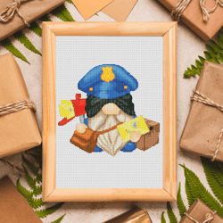 postman, gnome cross stitch, modern cross stitch, counted cross stitch, post office decor