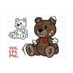 beaten teddy bear svg eps png , teddy bear svg , teddy bear with heart , teddy bear clipart , cricut cut files , digital