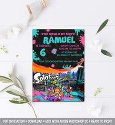 splatoon invitation, splatoon birthday invitation, splatoon birthday party invitation, splatoon invites, splatoon card