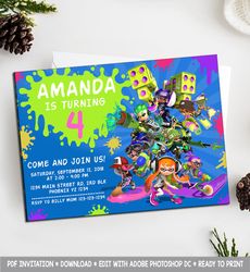 splatoon invites, splatoon invitation, splatoon birthday invitation, splatoon birthday party invitation, splatoon card