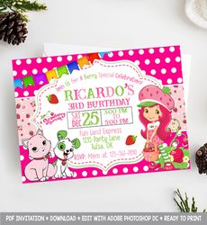 strawberry shortcake invitation, strawberry shortcake invites, strawberry shortcake birthday party invitation,