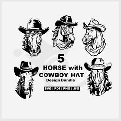 Horse svg, 5 in 1 bundle design, Horse wearing cowboy hat svg, horse for cricut, horse clipart horse for silhouette, sub
