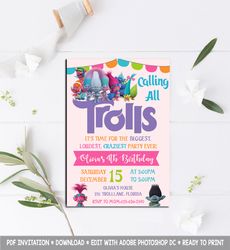 trolls invitation, trolls birthday invitation, trolls birthday party invitation, trolls invites, trolls birthday cards