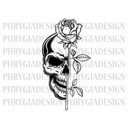 rose skull svg , skull with flower svg , skull svg , half skull floral svg , floral skull svg , skeleton flower svg , ro