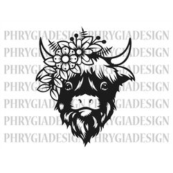 highland cow svg , cow with flower crown svg , cow clipart , cow png , cow with flowers on head , digital download , ins