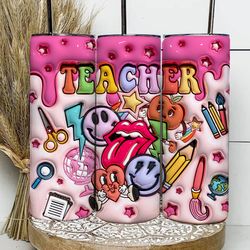 3d inflated teacher tumbler wrap, 3d teacher smiley face puffy tumbler design skinny sublimation, 3d puffy teacher tumbl