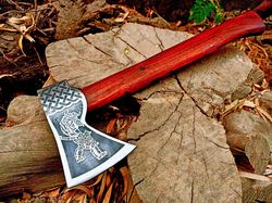 best gift for camping handmade high carbon steel laser etched blade hatchet viking axe with leather sheath