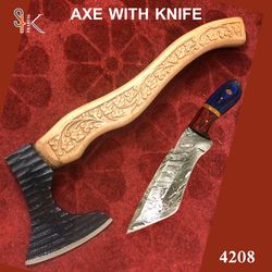 2 pieces set of handmade high carbon steel laser etched blade hatchet viking axe & knife