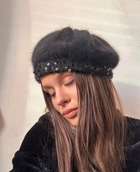 knitted beret, warm fluffy female beret