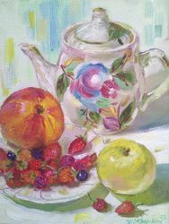 teapot still life, fruits original oil painting, fine art tea time