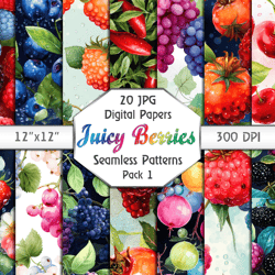 juicy berries fruits seamless pattern, 20 designs digital papers set, delicious fruits n berries summer bundle