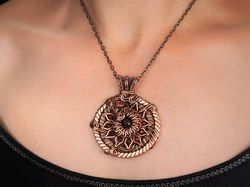 wire wrapped copper pendant necklace natural red garnets handmade mandala wire art unique copper jewelry gift for her