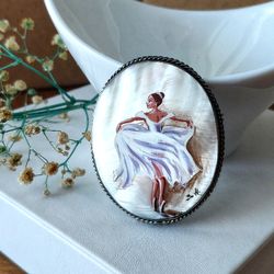 brooches for women: dancing ballerina on handmade jewelry brooch, aesthetic lacquer pin, elegant handmade jewelry