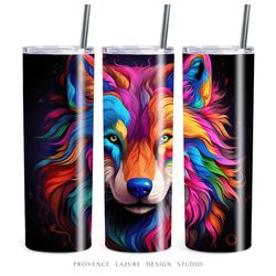 colorful neon wolf 20 oz skinny tumbler sublimation digital design instant download design wolf 20 oz tumbler wrap png