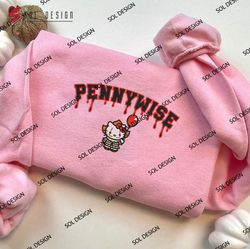 kitty pennywise drop name embroidered crewneck, it pennywise, horror characters embroidered shirt, halloween hoodie