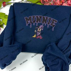 cute witch minnie drop name embroidered crewneck, disney halloween embroidered hoodie, halloween shirt, spooky