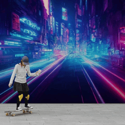 cyberpunk city mural futuristic wallpaper blue pink light wallpaper