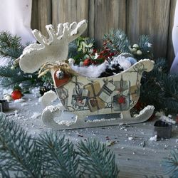 wooden scandinavian style open-top box with deer, christmas decor, holidays decor winter sleigh