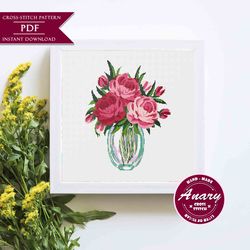 pink bouquet cross stitch pattern modern xsitch flowers crossstitch chart instant download pdf