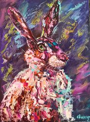 rabbit hare north aurora borealis impasto original art oil painting artist svinar oksana